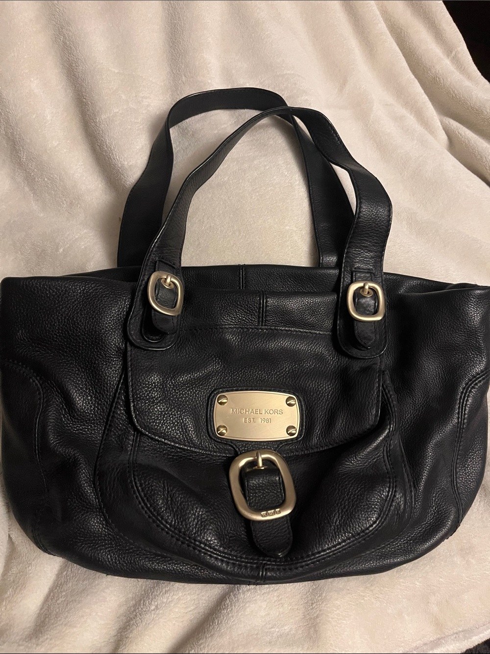 Michael Kors Black Leather Tote with Gold-Tone Hardware